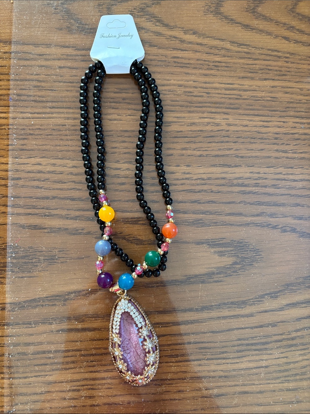Fashion Jewelry Black Beaded Necklace with Multi-Color Pendant